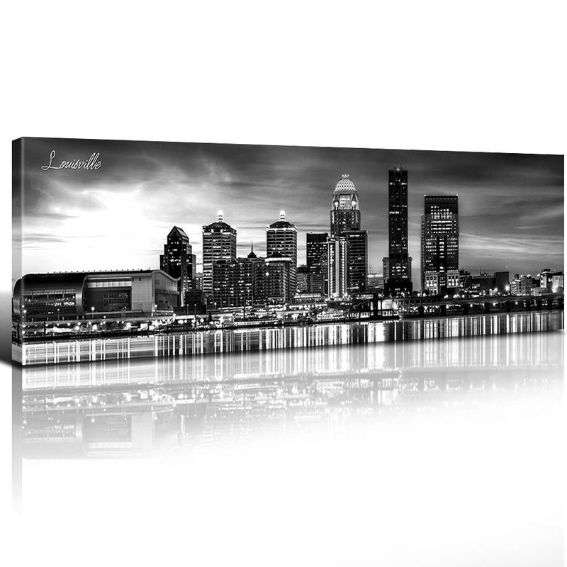 sunfrower Louisville Skyline Wall Art Kentucky Decor Black and White Cityscape Painting for Living Room Downtown Waterfront Park Panoramic Canvas Pictures Bedroom Kitchen Office Artwork Home Decorations 14x48" - Image 1